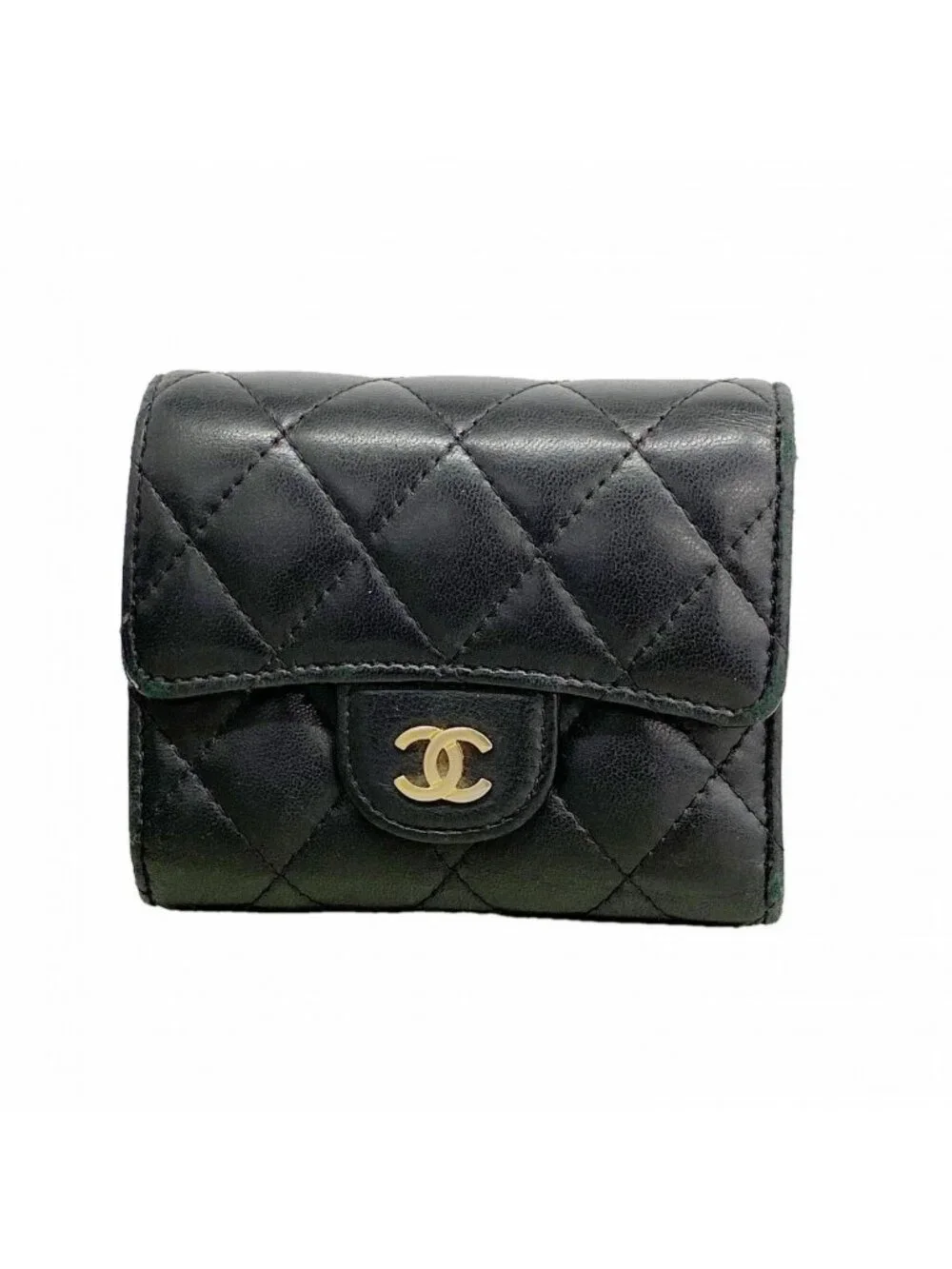 Chanel Trifold Wallet Quilted Lambskin Black Gold